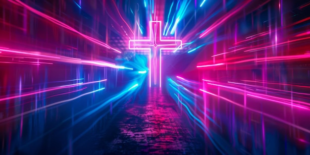 Futurística cruz de néon em um vibrante túnel de luz