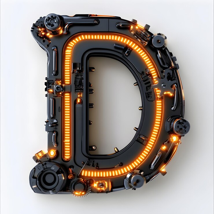 Foto futurística letra robótica d con componentes metálicos y elementos tecnológicos brillantes
