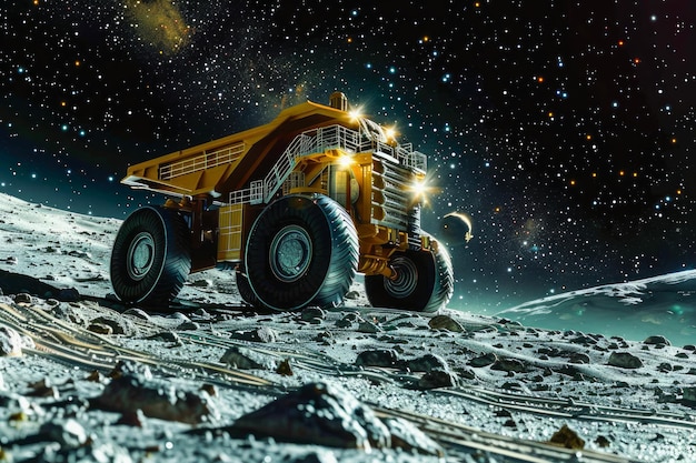 Futurístico camión de minería en la superficie lunar con estrellas tema de exploración de la luna para la industria espacial