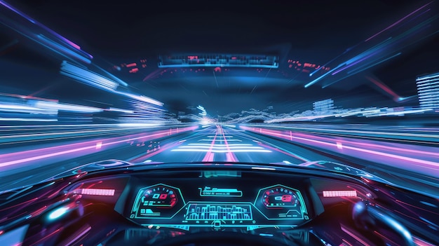 Futurístico coche deportivo acelerando a través de la ciudad Cyberpunk