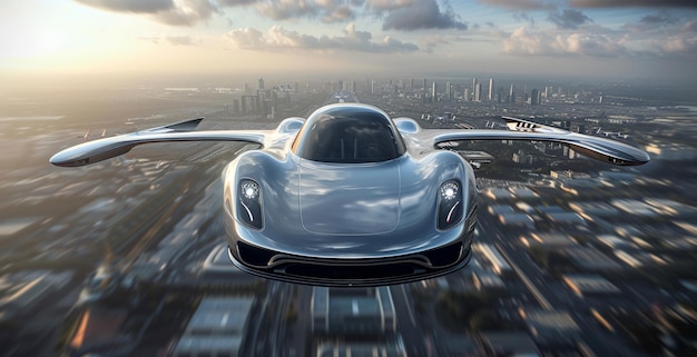 Futurístico coche volador que se eleva sobre el paisaje urbano moderno