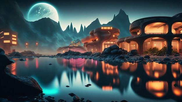 Futuristisch inspirierte Grenzstadt mit Neonlichtern am Rande eines ruhigen, spiegelnden Sees auf dem Mars