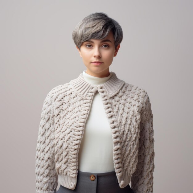 Futuristisch-Retro-Elegant-Formelle Frau in grauem Pullover