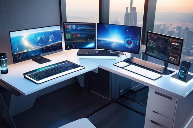 Futuristisch wunderschöner PC-Setup-Tisch eines Freiberufler-Büroraums voller fortgeschrittener Gadgets