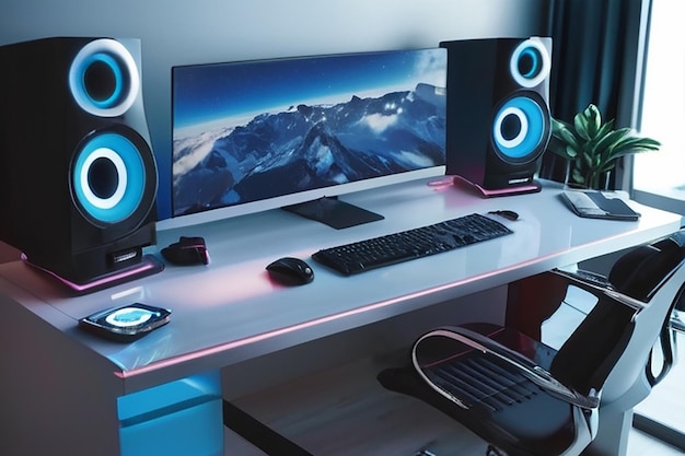 Futuristisch wunderschöner PC-Setup-Tisch eines Freiberufler-Büroraums voller fortgeschrittener Gadgets
