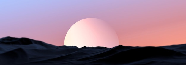 Futuristische abstrakte Fantasy-Landschaft Berge und Planeten in Unschärfe Berge in der Abenddämmerung und ein leuchtender Planet Banner Wallpaper 3D-Render