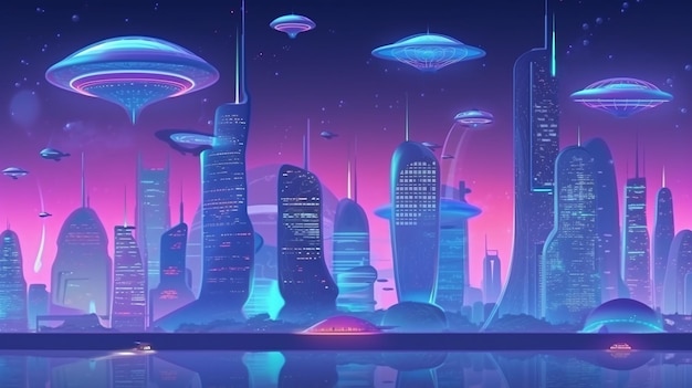 Futuristische Alien-Stadt mit fliegenden Untertassen am Himmel, perfekt für SciFi- und Fantasy-Designs