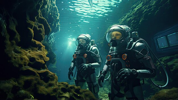 Futuristische Astronauten erkunden die Tiefen eines außerirdischen Ozeans