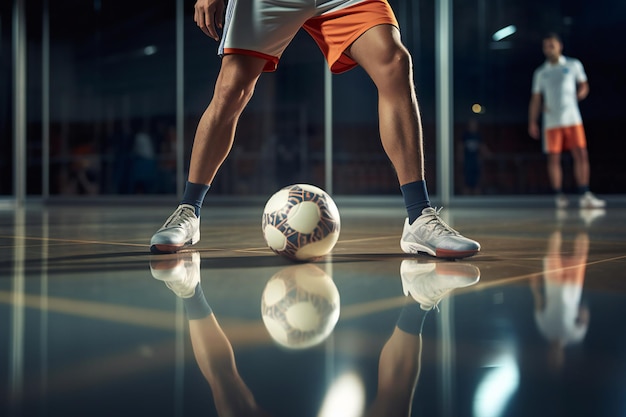 Futuristische Beinarbeit. Die Reflexion eines Futsal-Spielers