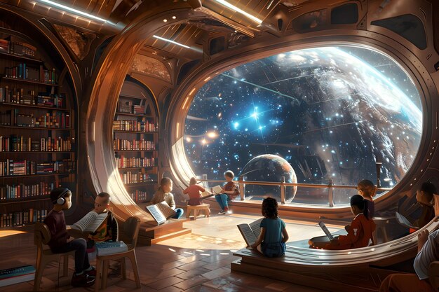Futuristische Bibliothek mit Kindern aus fünf Kontinenten, die lesen und den Kosmos erforschen