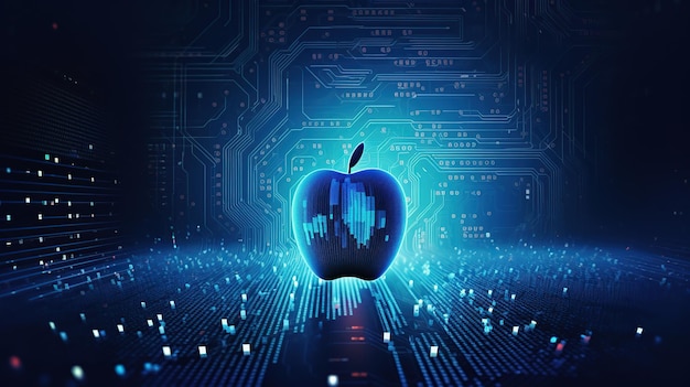 Futuristische blaue Apfelfrucht mit Schaltkreis Big Data-Technologie KI-generiertes Bild