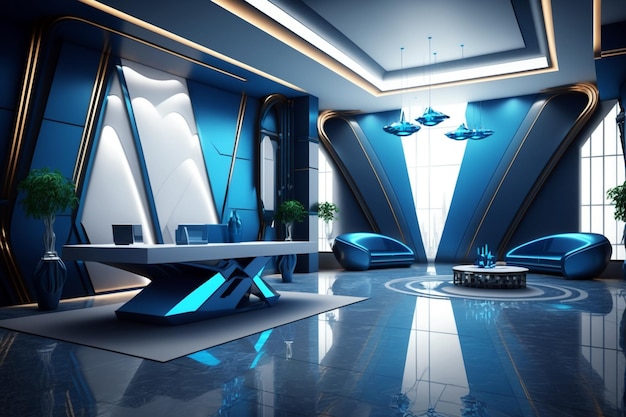 Futuristische blaue Lobby mit futuristischem Sofa und Möbeln Generative ai Illustration