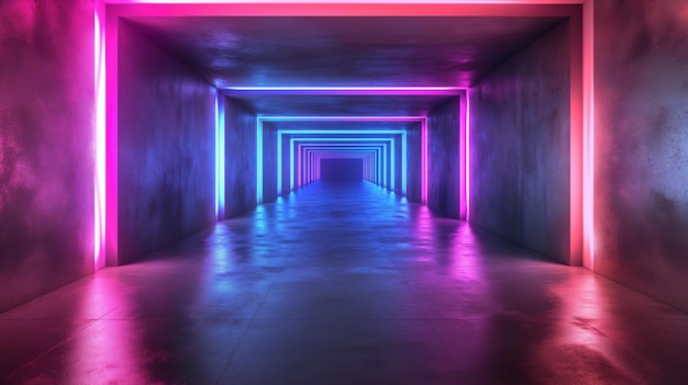 Futuristische blaue und lila Neonlichtformen auf dunklem Hintergrund und reflektierende