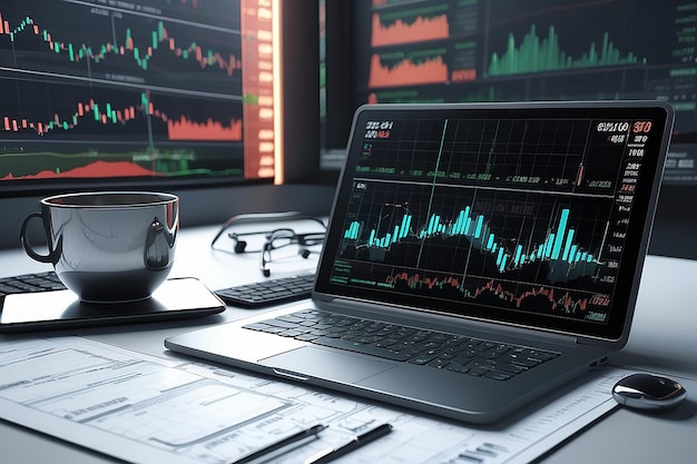 Futuristische Börsenszene mit Laptop-Chartnummern und CALL und PUT