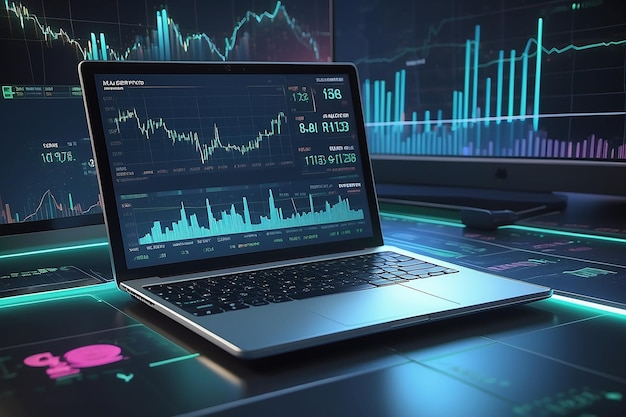 Futuristische Börsenszene mit Laptop-Chartnummern und CALL und PUT