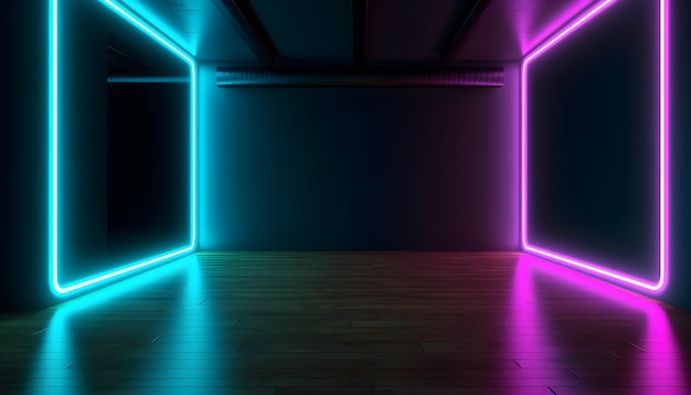 Futuristische Bühne farbenfrohe Neonlichter inszenieren Raumhintergrund und Hintergrund leeres Podium für Produktpräsentationen oder Präsentationen abstrakt modern Perfekt für Vitrinen und moderne Projekte 3D-Rendering