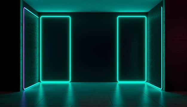 Futuristische Bühne farbenfrohe Neonlichter inszenieren Raumhintergrund und Hintergrund leeres Podium für Produktpräsentationen oder Präsentationen abstrakt modern Perfekt für Vitrinen und moderne Projekte 3D-Rendering