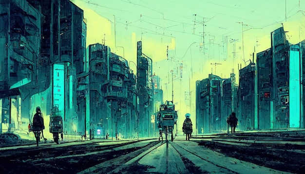 Futuristische Cyberpunk-Landschaft in Linart-Kunst im Comic-Manga-Stil