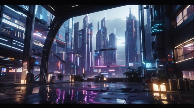Futuristische Cyberpunk-Nachtstadt Neonlichter der Metropole Neonlicht moderne Stadt mit Hochhäusern