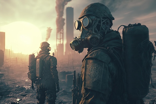 Futuristische Cyberpunk-Soldaten in Schutzanzügen und Gasmasken in einer postapokalyptischen Welt nach einem Atomschlag oder einer Naturkatastrophe Generative KI