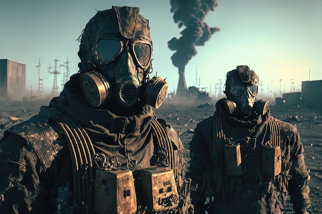 Futuristische Cyberpunk-Soldaten in Schutzanzügen und Gasmasken in einer postapokalyptischen Welt nach einem Atomschlag oder einer Naturkatastrophe Generative KI