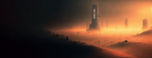 Futuristische Cyberpunk-Stadt in Wüstendünen Postapokalyptische Megapolis in Sanddünen Generative KI