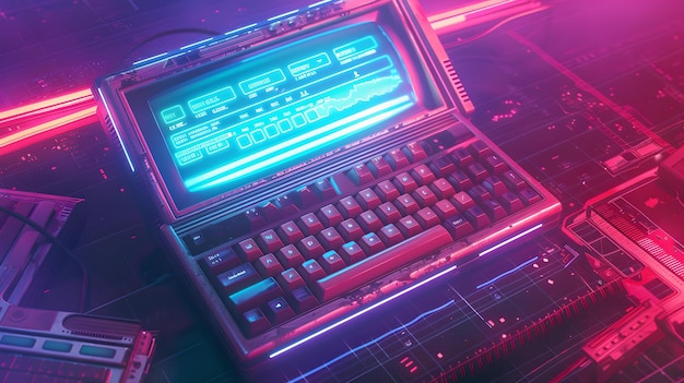 Futuristische Cyberpunk-Tastatur mit Neonlichtern Retrofuturismus Konzeptillustration technologische Nostalgie Szene KI