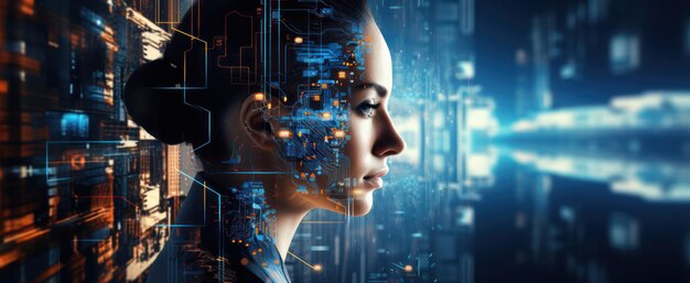 Futuristische Cyborg-Frau, die menschliche Merkmale mit fortschrittlicher Technologie gegen ein städtisches digitales