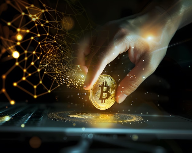 Futuristische digitale Investitionshand wählt einen glühenden Bitcoin über die Netzwerk-Schnittstelle