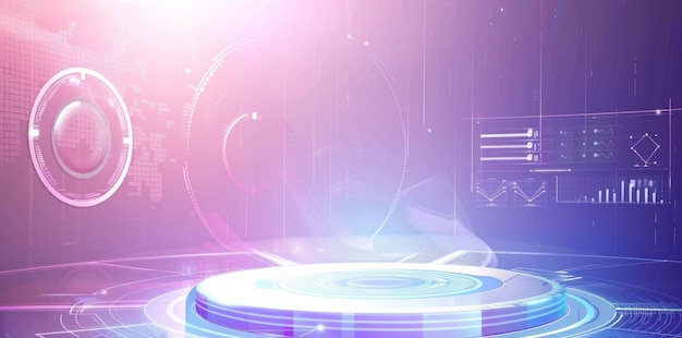 Futuristische digitale Schnittstelle mit holographischen Elementen und glühendem Display-Podium auf einem gradienten Hintergrund