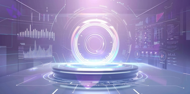 Futuristische digitale Schnittstelle mit leuchtenden kreisförmigen Elementen auf einer eleganten Plattform Hightech-Design mit Datenvisualisationen in einer cybernetischen Umgebung
