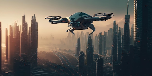 Futuristische Drohne, die über eine Großstadt AIGerated fliegt