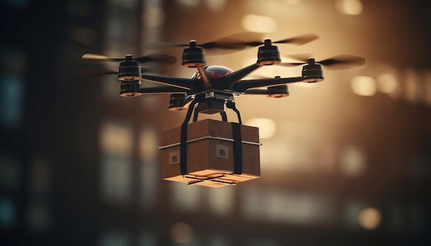 Futuristische Drohne, die von KI erzeugte Frachtcontainer in der Luft liefert