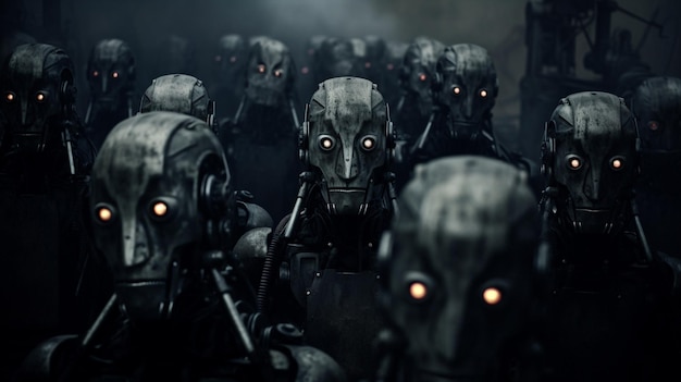 Futuristische dunkle Gefahr Cyborg Fantasy Fiktion Halloween Roboter Menschen Armee Militärkonzept Waffe Soldat Horror Apokalypse Tod Monster Technologie Angst