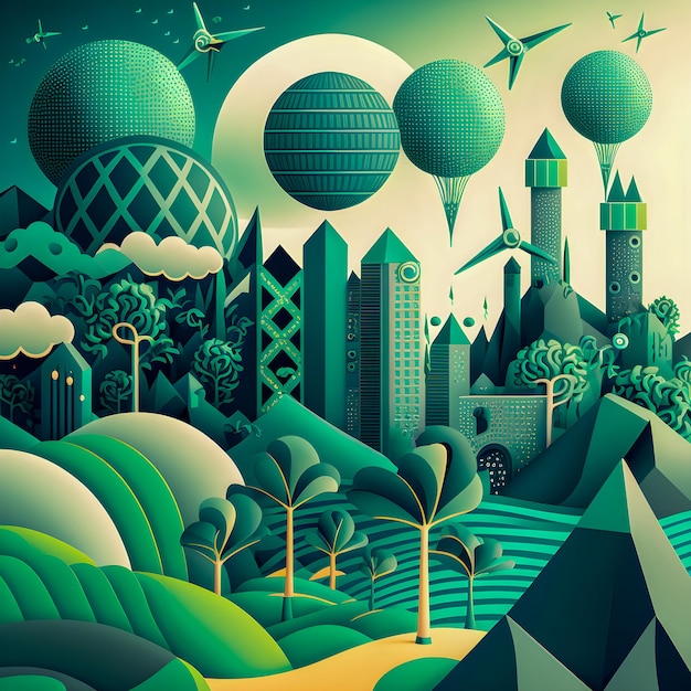 Futuristische Eco City Concept handgezeichnete Illustrationen