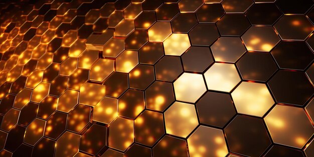 Futuristische Eleganz, glühende Gold- und Erdtöne in 3D-Hexagonaltechnologie-Wand