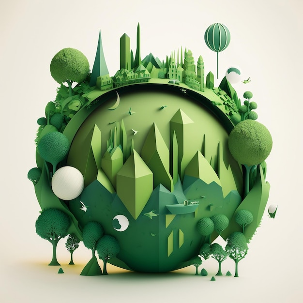 Futuristische Erdkugel mit Papierkunst mit einer grünen Waldstadt auf einem Kristallplaneten mit generativer KI