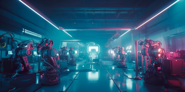 Futuristische Fabrik mit fortschrittlichen Maschinen und Robotern, die Seite an Seite mit menschlichen Arbeitern arbeiten. Generative KI