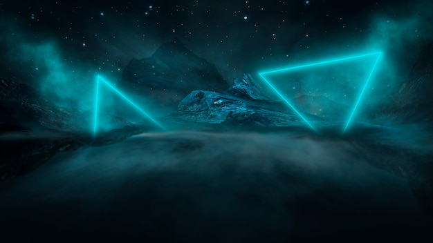 Futuristische Fantasienachtlandschaft mit Lichtreflexion im Wasser. 3D-Illustration des Neonraumgalaxienportals