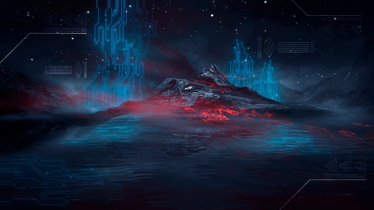 Foto futuristische fantasienachtlandschaft mit lichtreflexion im wasser. 3d-illustration des neonraumgalaxienportals