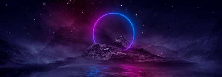 Foto futuristische fantasienachtlandschaft mit lichtreflexion im wasser. 3d-illustration des neonraumgalaxienportals