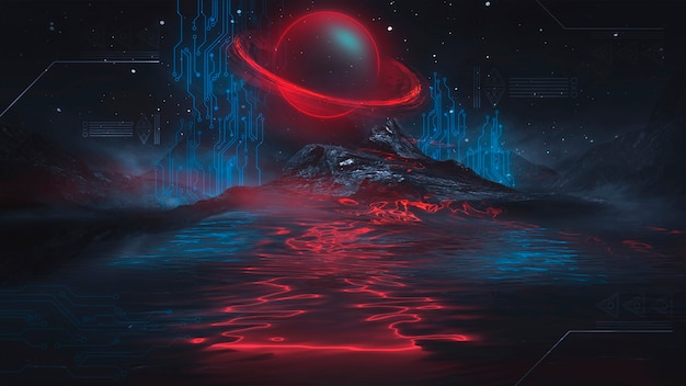 Futuristische Fantasienachtlandschaft mit Lichtreflexion im Wasser. 3D-Illustration des Neonraumgalaxienportals