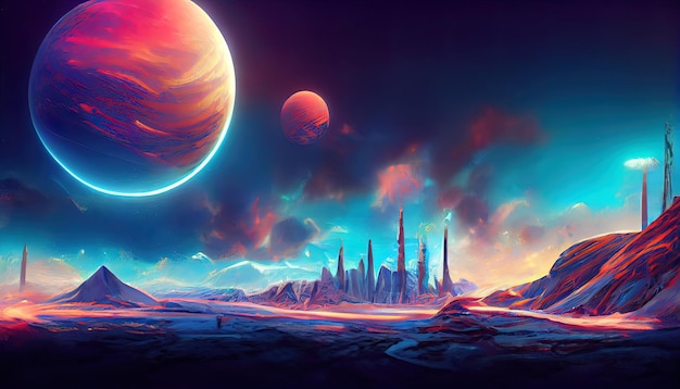 Futuristische Fantasy-Landschaft Scifi-Landschaft mit Planet Neonlicht kalter Planet 3D-Illustration Generative Ai