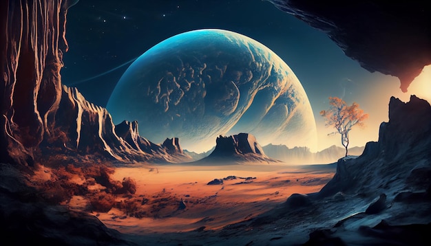 Futuristische Fantasy-Landschaft Scifi-Landschaft mit Planeten Neonlicht kalter Planet Galaxie unbekannter Planet