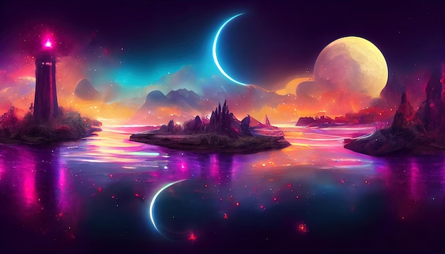 Futuristische Fantasy-Nachtlandschaft mit abstrakter Landschaft und Insel
