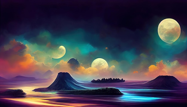 Futuristische Fantasy-Nachtlandschaft mit abstrakter Landschaft und Insel