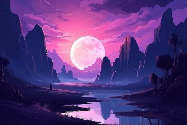 Futuristische Fantasy-Nachtlandschaft mit See und Himmlischem Mond