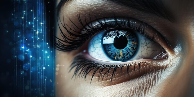 Futuristische Frau Auge-Display Cyberspace-Konzept Wissenschaft Hintergrund-Technologie Mensch Persönlich-Sicht-System digital