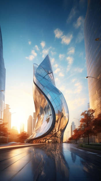 Futuristische gekrümmte Architektur mit Glasfassade, die den Sonnenuntergang in der städtischen Landschaft widerspiegelt
