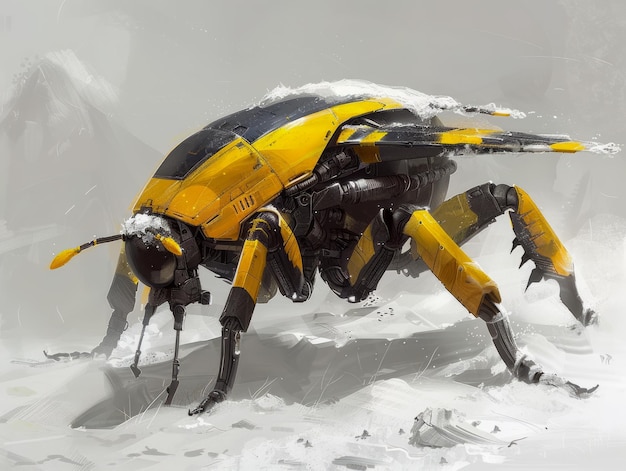 Futuristische gelbe und schwarze mechanische Insektenkonzeptkunst in einer schneebedeckten Landschaftsumgebung